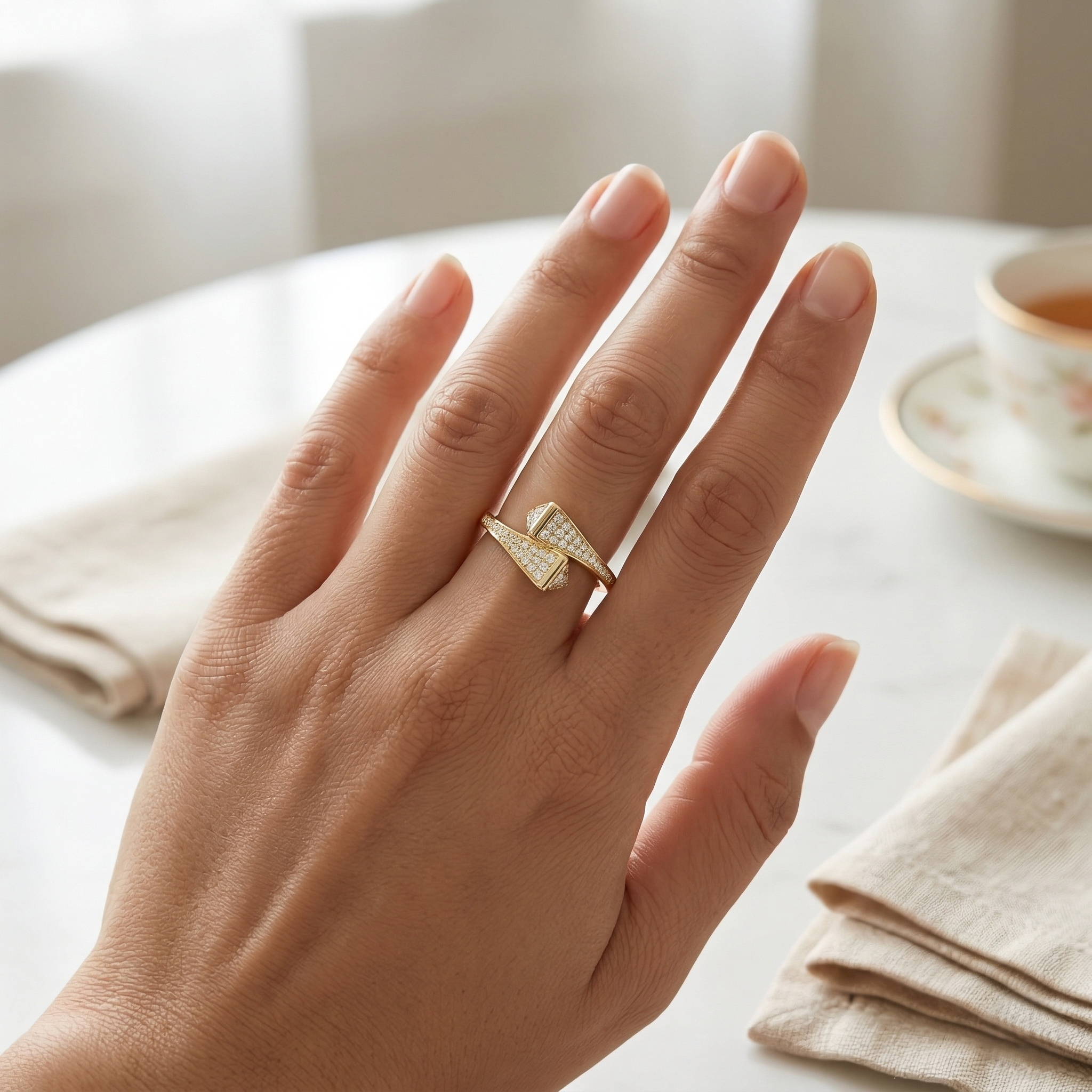 925 Sterling Silver Clear Stone Geometric Bypass Ring Yellow Gold Finish Jewellery for Women - Size 6