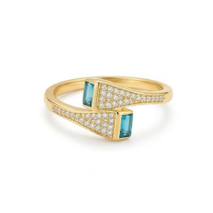 925 Sterling Silver Blue Stone Bypass Ring Yellow Gold Finish Jewellery for Women - Size 9
