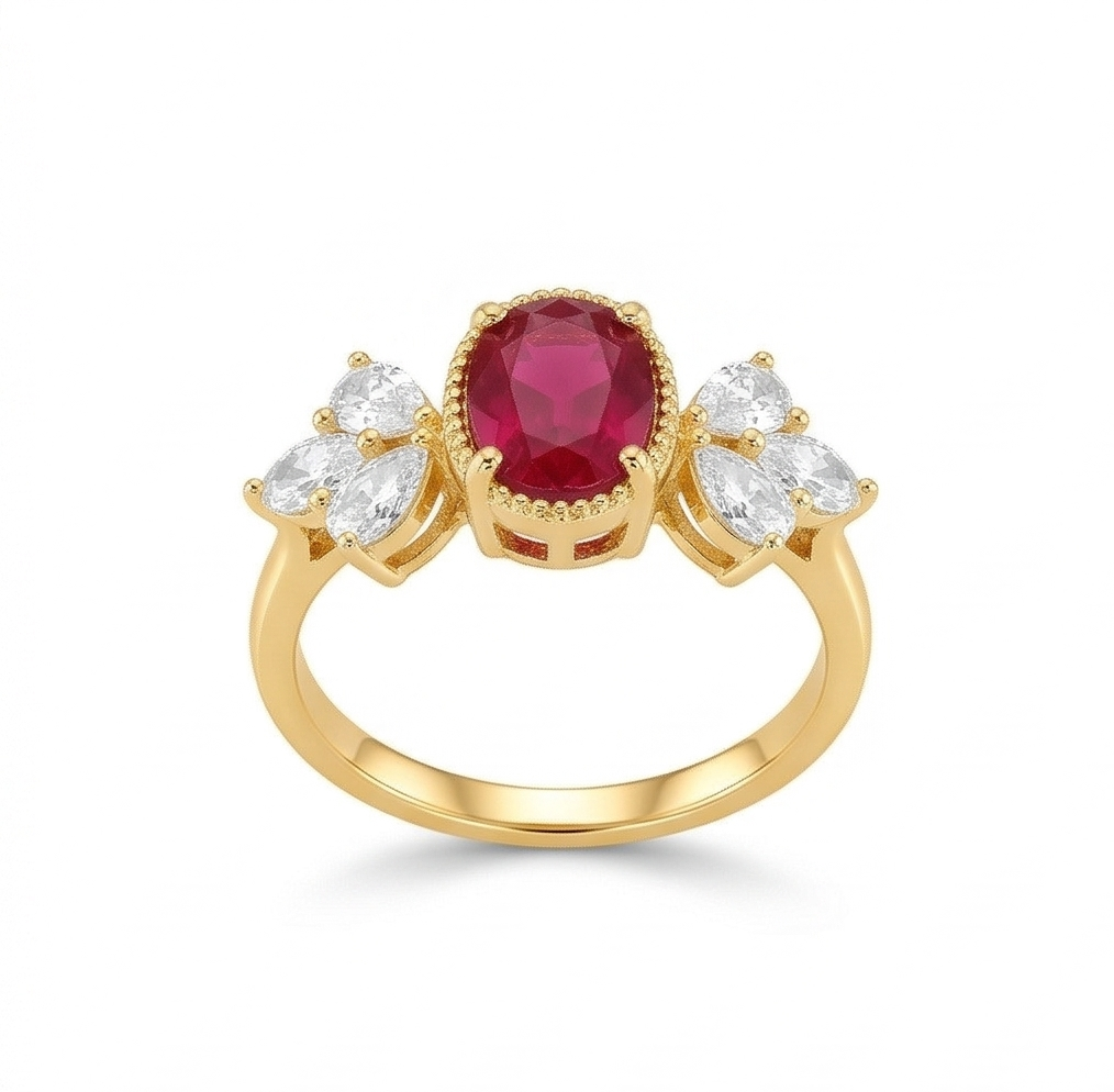 925 Sterling Silver Red Oval Vintage Ring Yellow Gold Finish Jewellery for Women - Size 7