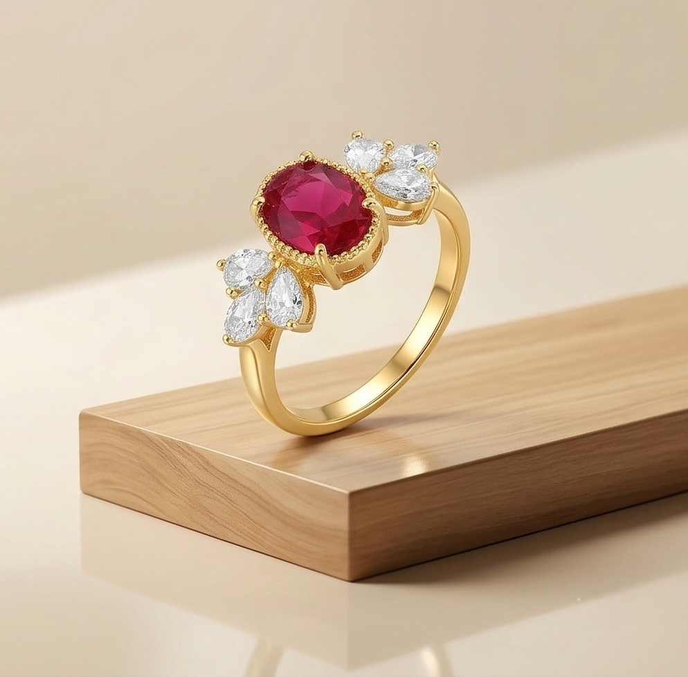 925 Sterling Silver Red Oval Vintage Ring Yellow Gold Finish Jewellery for Women - Size 7