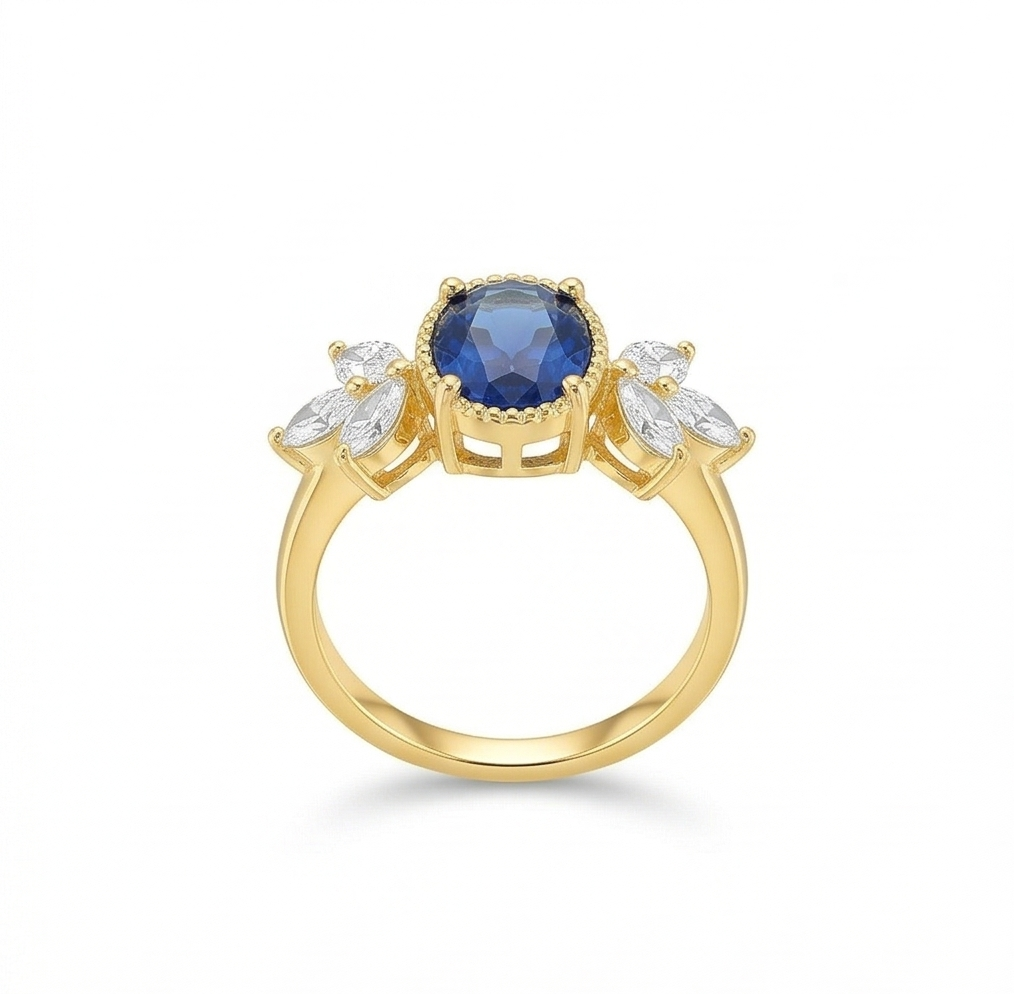 925 Sterling Silver Blue Oval Vintage Ring Yellow Gold Finish Jewellery for Women - Size 7