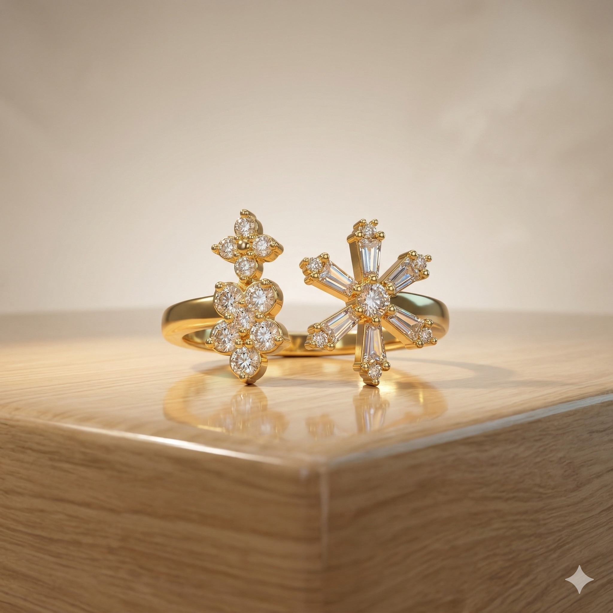 925 Sterling Silver Clear Snowflake Open Ring Yellow Gold Finish Jewellery for Women - Size 6