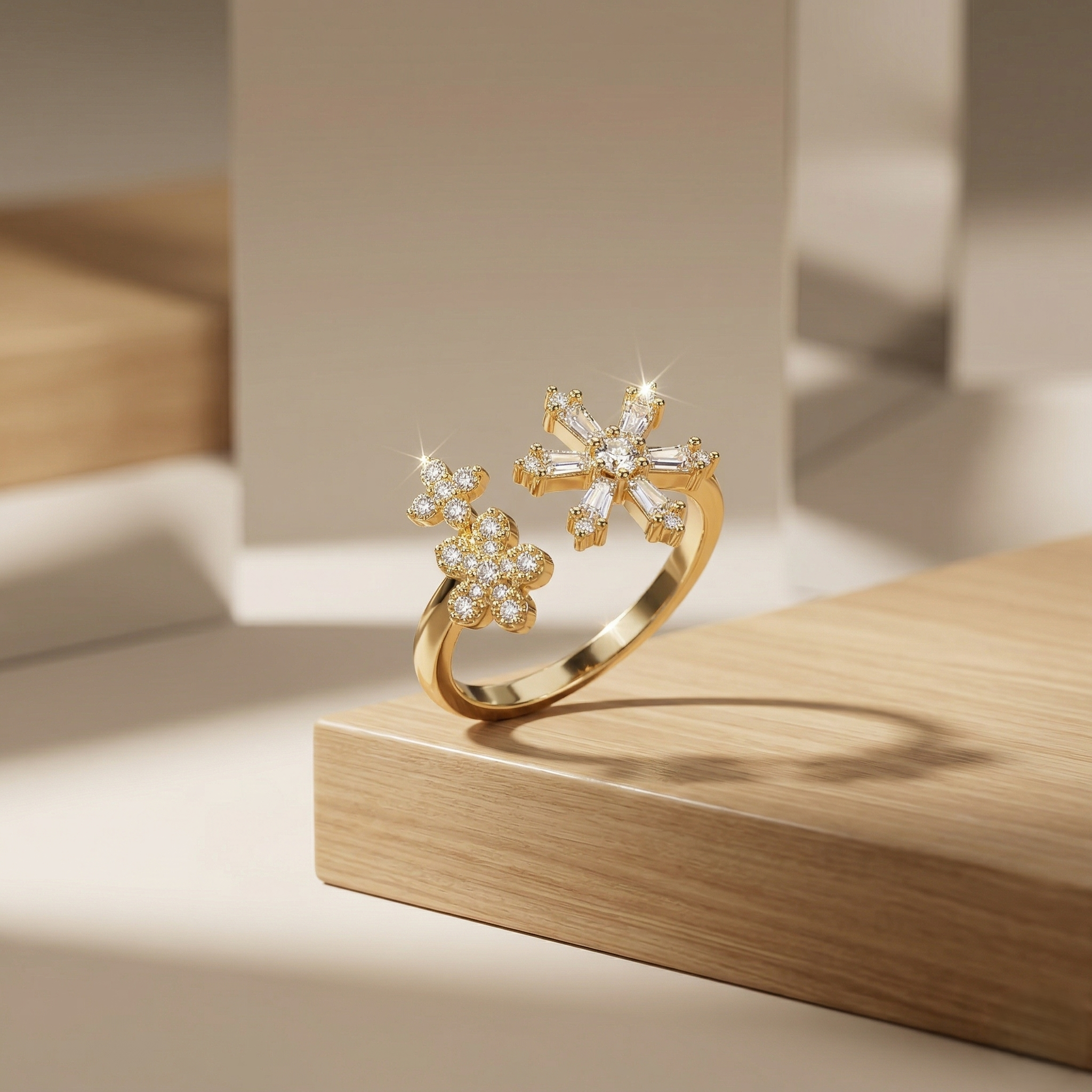 925 Sterling Silver Clear Snowflake Open Ring Yellow Gold Finish Jewellery for Women - Size 7
