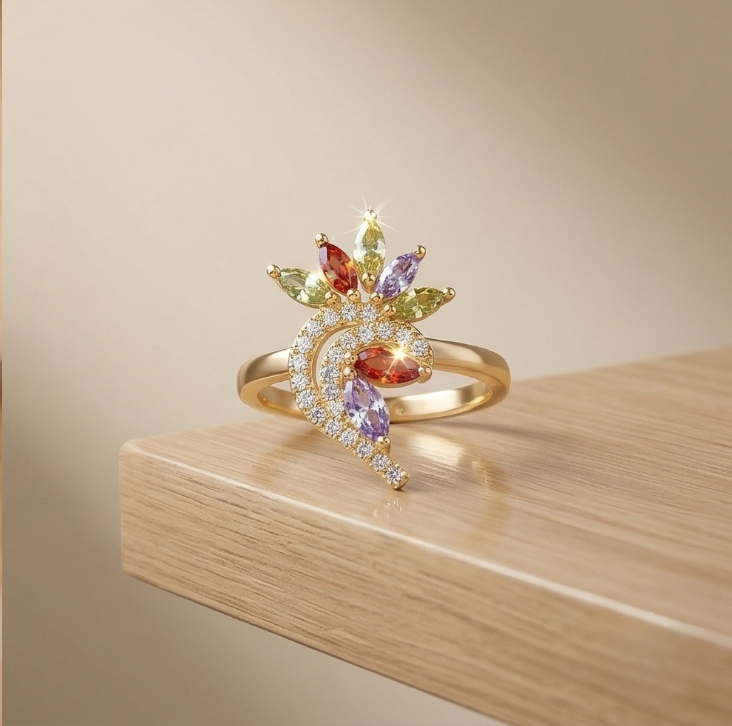 925 Sterling Silver Multi-Color Floral Swirl Ring Yellow Gold Finish Jewellery for Women - Size 8