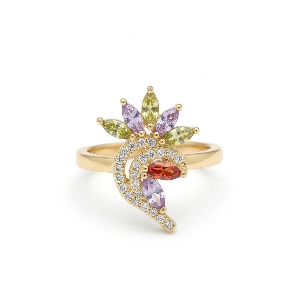 925 Sterling Silver Multi-Color Floral Swirl Ring Yellow Gold Finish Jewellery for Women - Size 8