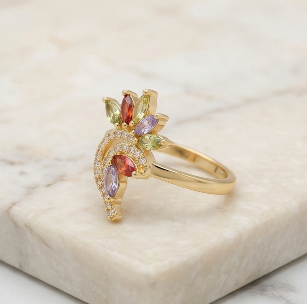 925 Sterling Silver Multi-Color Floral Swirl Ring Yellow Gold Finish Jewellery for Women - Size 8