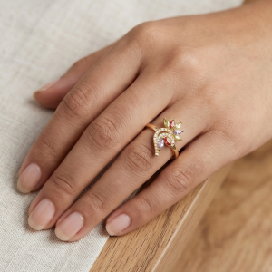 925 Sterling Silver Multi-Color Floral Swirl Ring Yellow Gold Finish Jewellery for Women - Size 6