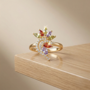 925 Sterling Silver Multi-Color Floral Swirl Ring Yellow Gold Finish Jewellery for Women - Size 9