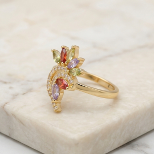 925 Sterling Silver Multi-Color Floral Swirl Ring Yellow Gold Finish Jewellery for Women - Size 6