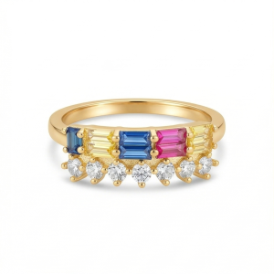 925 Sterling Silver Multi-Color Double Row Band Ring Yellow Gold Finish Jewellery for Women – Size 8