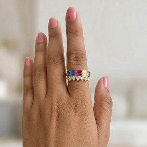 925 Sterling Silver Multi-Color Double Row Band Ring Yellow Gold Finish Jewellery for Women - Size 8