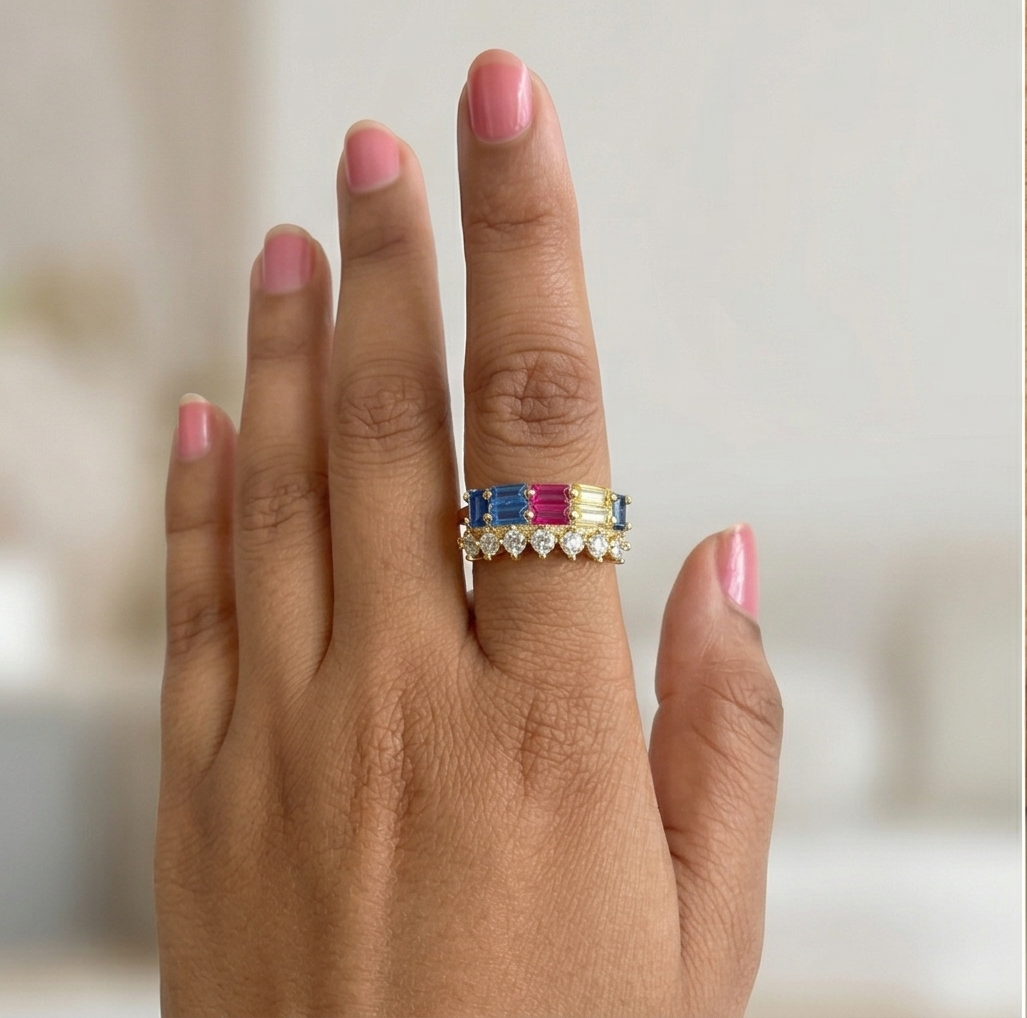 925 Sterling Silver Multi-Color Double Row Band Ring Yellow Gold Finish Jewellery for Women - Size 8