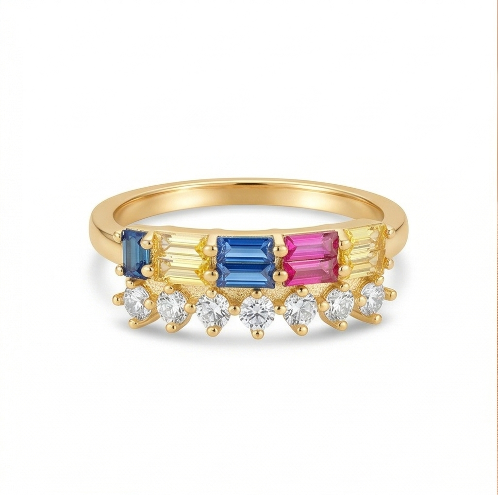 925 Sterling Silver Multi-Color Double Row Band Ring Yellow Gold Finish Jewellery for Women - Size 7
