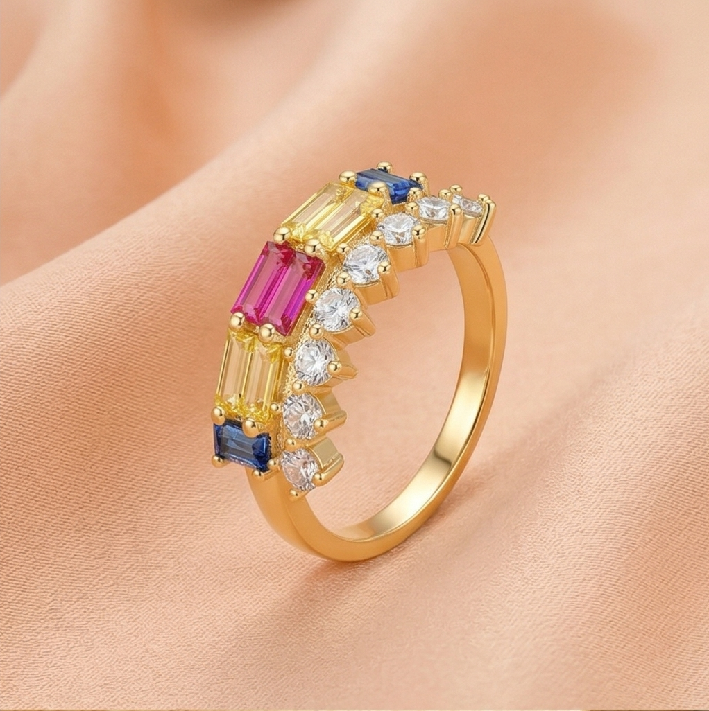 925 Sterling Silver Multi-Color Double Row Band Ring Yellow Gold Finish Jewellery for Women - Size 7