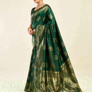 AXONIT Women's Silk Blend Banarasi Jacquard Zari Motifs Design Saree with Unstitched Blouse Piece