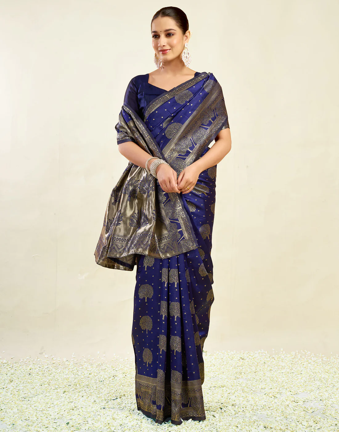 AXONIT Women's Silk Blend Banarasi Jacquard Zari Motifs Design Saree with Unstitched Blouse Piece