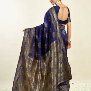 AXONIT Women's Silk Blend Banarasi Jacquard Zari Motifs Design Saree with Unstitched Blouse Piece