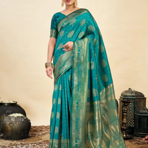 AXONIT Women's Silk Blend Banarasi Jacquard Zari Motifs Design Saree with Unstitched Blouse Piece