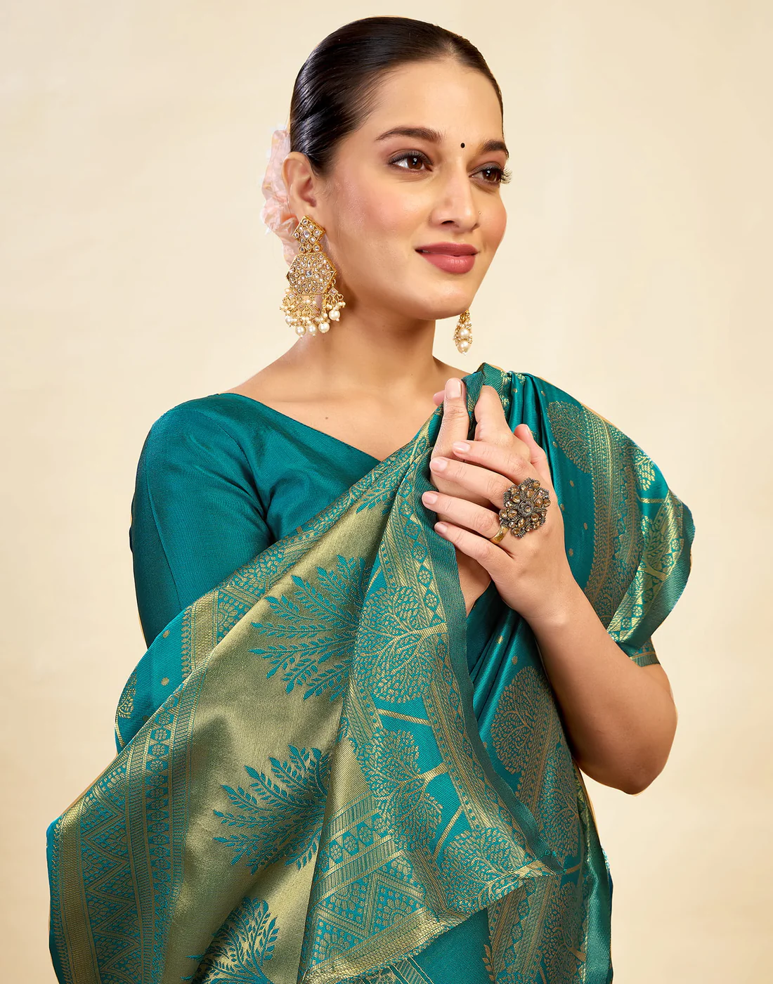 AXONIT Women's Silk Blend Banarasi Jacquard Zari Motifs Design Saree with Unstitched Blouse Piece