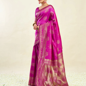 AXONIT Women's Silk Blend Banarasi Jacquard Zari Motifs Design Saree with Unstitched Blouse Piece