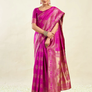 AXONIT Women's Silk Blend Banarasi Jacquard Zari Motifs Design Saree with Unstitched Blouse Piece