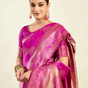 AXONIT Women's Silk Blend Banarasi Jacquard Zari Motifs Design Saree with Unstitched Blouse Piece