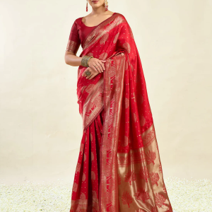 AXONIT Women's Silk Blend Banarasi Jacquard Zari Motifs Design Saree with Unstitched Blouse Piece