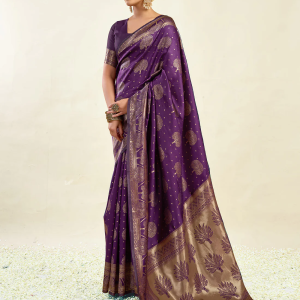 AXONIT Women's Silk Blend Banarasi Jacquard Zari Motifs Design Saree with Unstitched Blouse Piece