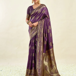 AXONIT Women's Silk Blend Banarasi Jacquard Zari Motifs Design Saree with Unstitched Blouse Piece