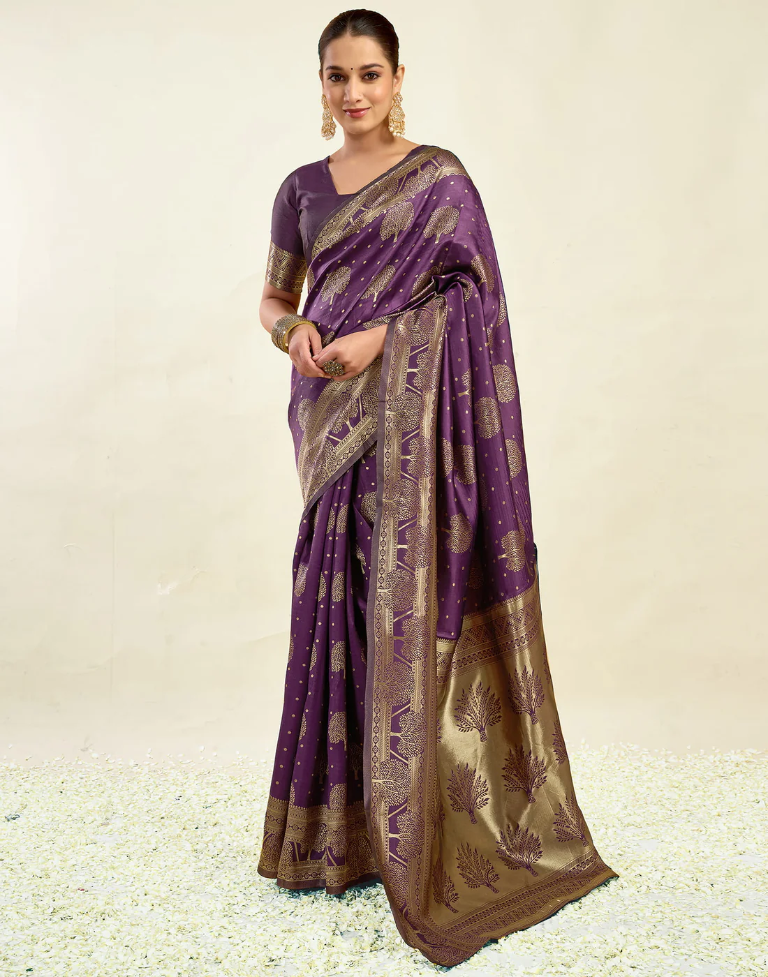AXONIT Women's Silk Blend Banarasi Jacquard Zari Motifs Design Saree with Unstitched Blouse Piece