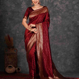 AXONIT Women's Silk Blend Banarasi Jacquard Traditional Motifs Design Saree with Unstitched Blouse Piece