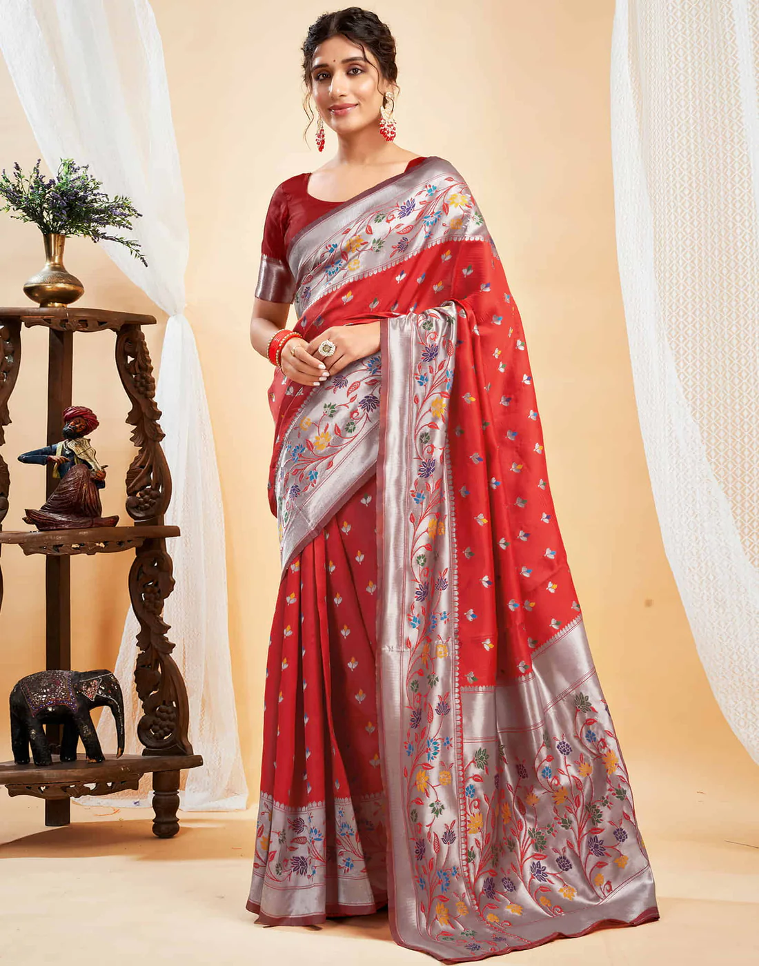 AXONIT Women's Silk Blend Banarasi Jacquard Multicolor Floral