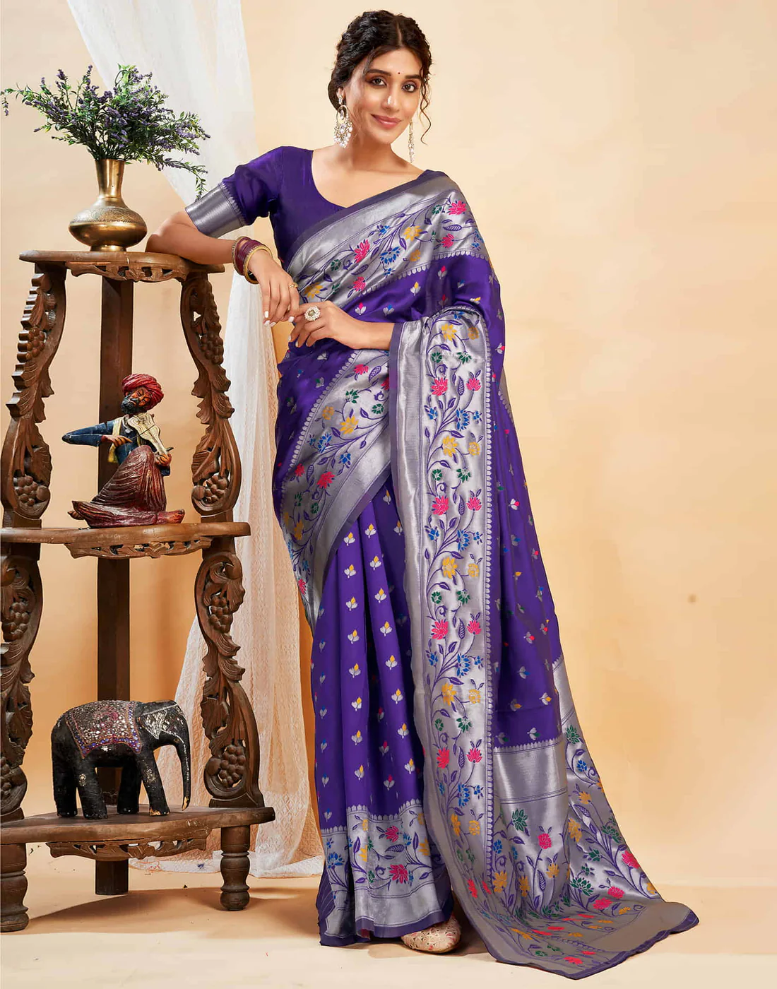 AXONIT Women's Silk Blend Banarasi Jacquard Multicolor Floral