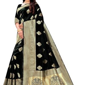 AXONIT Women’s Silk Blend Banarasi Jacquard Zari Butta with Brocade Pallu Design Saree with Unstitched Blouse Piece