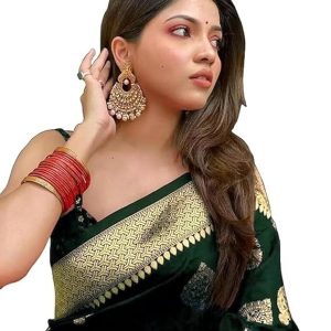 AXONIT Women's Silk Blend Banarasi Jacquard Zari Butta with Brocade Pallu Design Saree with Unstitched Blouse Piece