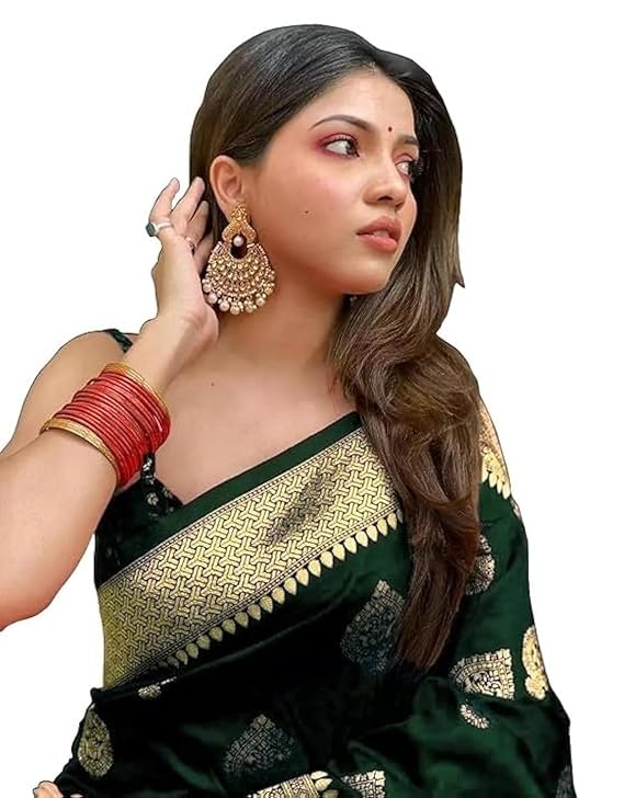AXONIT Women's Silk Blend Banarasi Jacquard Zari Butta with Brocade Pallu Design Saree with Unstitched Blouse Piece