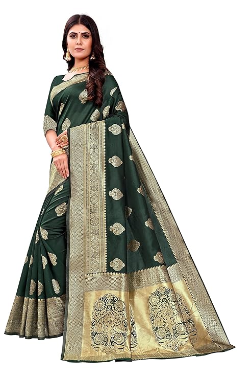 AXONIT Women's Silk Blend Banarasi Jacquard Zari Butta with Brocade Pallu Design Saree with Unstitched Blouse Piece