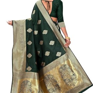 AXONIT Women's Silk Blend Banarasi Jacquard Zari Butta with Brocade Pallu Design Saree with Unstitched Blouse Piece