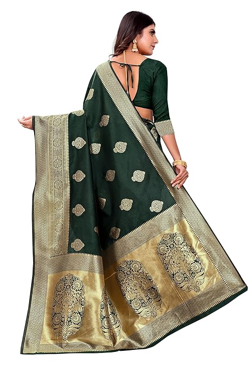 AXONIT Women's Silk Blend Banarasi Jacquard Zari Butta with Brocade Pallu Design Saree with Unstitched Blouse Piece