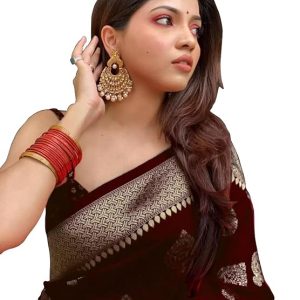 AXONIT Women's Silk Blend Banarasi Jacquard Zari Butta with Brocade Pallu Design Saree with Unstitched Blouse Piece