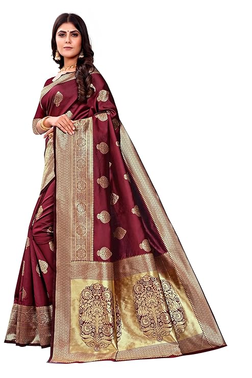 AXONIT Women's Silk Blend Banarasi Jacquard Zari Butta with Brocade Pallu Design Saree with Unstitched Blouse Piece