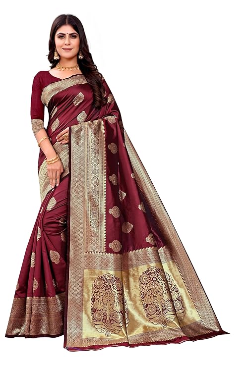 AXONIT Women's Silk Blend Banarasi Jacquard Zari Butta with Brocade Pallu Design Saree with Unstitched Blouse Piece
