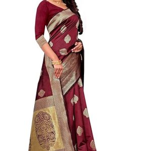 AXONIT Women's Silk Blend Banarasi Jacquard Zari Butta with Brocade Pallu Design Saree with Unstitched Blouse Piece