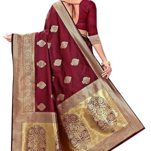 AXONIT Women's Silk Blend Banarasi Jacquard Zari Butta with Brocade Pallu Design Saree with Unstitched Blouse Piece