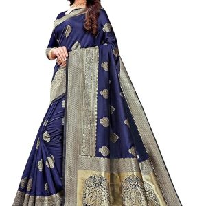 AXONIT Women's Silk Blend Banarasi Jacquard Zari Butta with Brocade Pallu Design Saree with Unstitched Blouse Piece