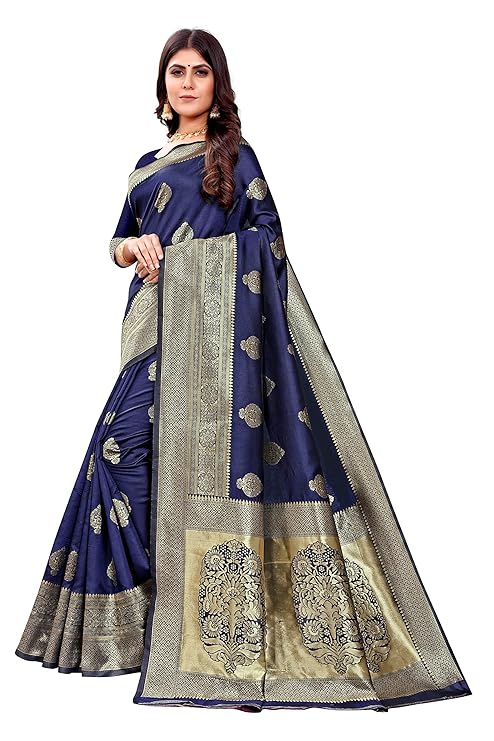 AXONIT Women's Silk Blend Banarasi Jacquard Zari Butta with Brocade Pallu Design Saree with Unstitched Blouse Piece