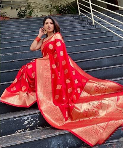 AXONIT Women's Silk Blend Banarasi Jacquard Zari Butta with Brocade Pallu Design Saree with Unstitched Blouse Piece