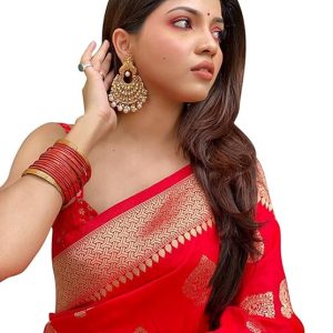 AXONIT Women's Silk Blend Banarasi Jacquard Zari Butta with Brocade Pallu Design Saree with Unstitched Blouse Piece