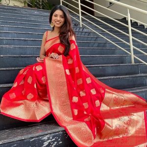 AXONIT Women's Silk Blend Banarasi Jacquard Zari Butta with Brocade Pallu Design Saree with Unstitched Blouse Piece