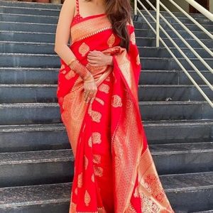 AXONIT Women's Silk Blend Banarasi Jacquard Zari Butta with Brocade Pallu Design Saree with Unstitched Blouse Piece